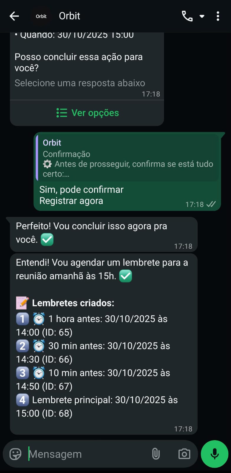 Screenshot contendo confirmação de registro de lembrete