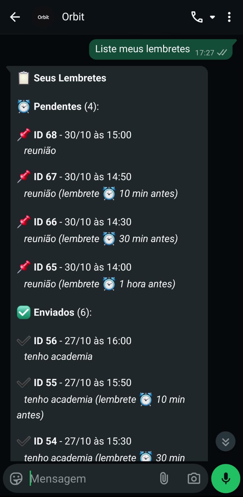Screenshot contendo lista de lembretes