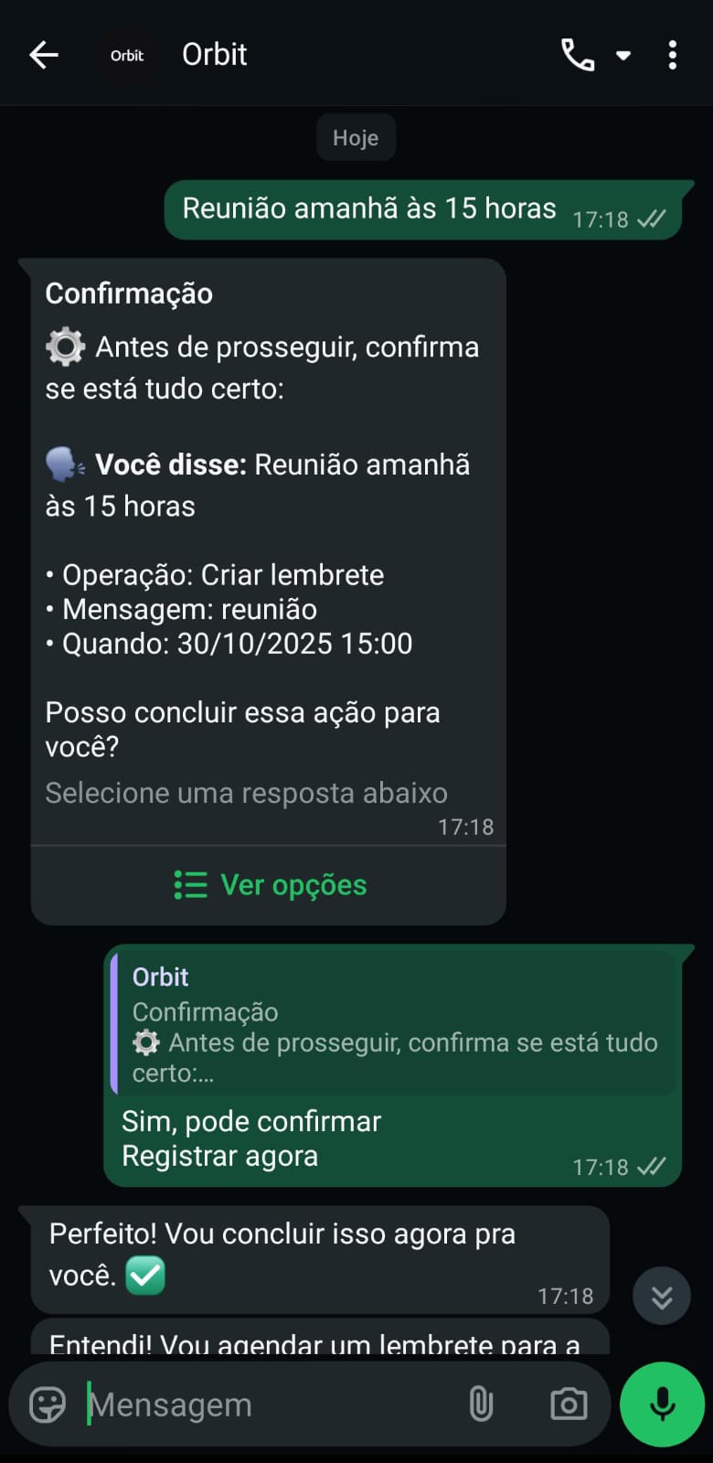Screenshot contendo registro de lembrete