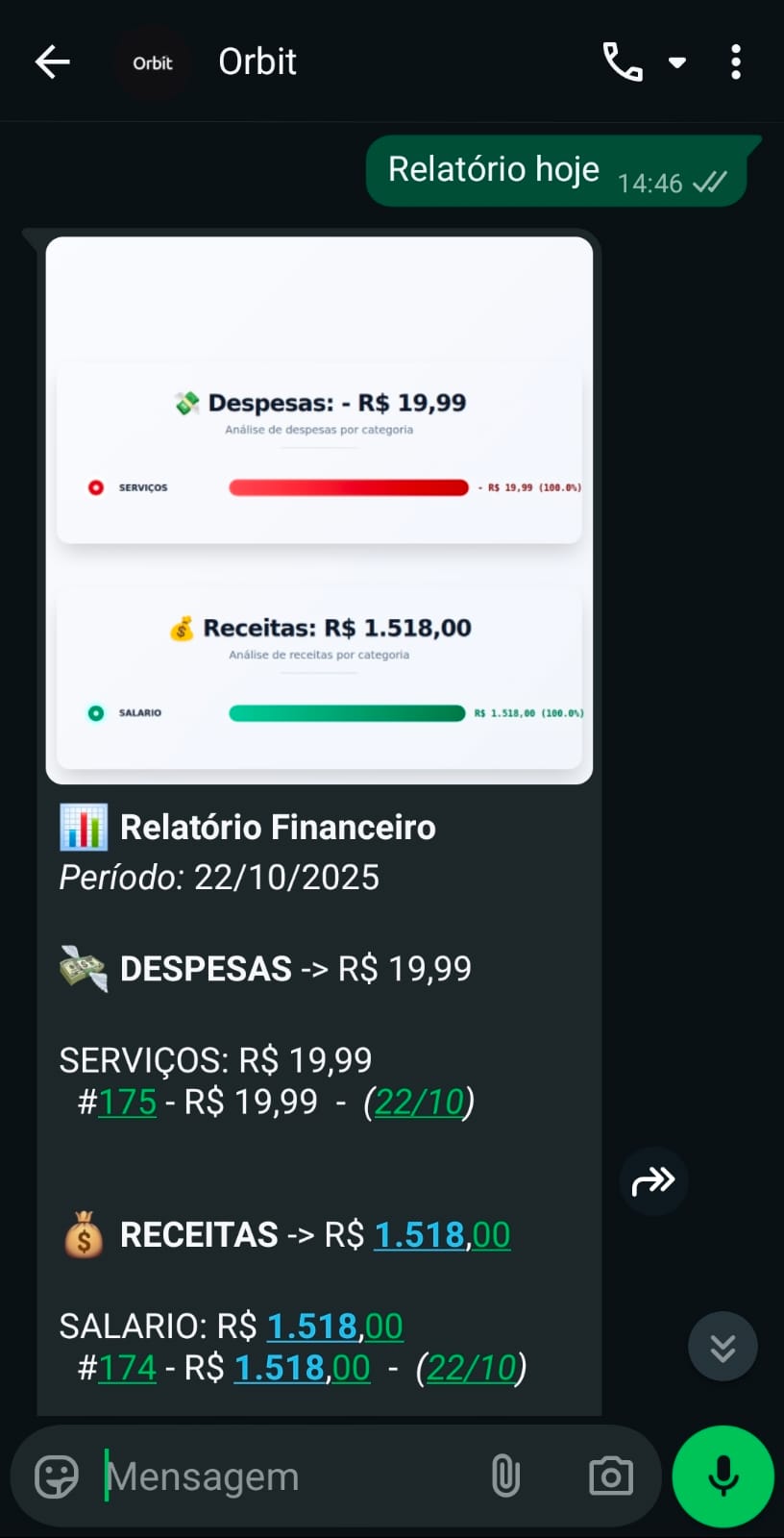 Screenshot contendo relatorio das transações
